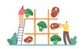 Vegetarian or Meaty Nutrition Choice. Tiny Male or Female Characters Playing Huge Noughts and Crosses Game with Products