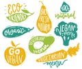 Vegetarian menu badges and stickers for cafe and restaurants. Vegan text on the vegetable labels for natural products