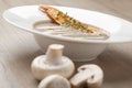 Vegetarian mushroom cream soup purÃÂ©e with baked bread cheese slice