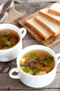 Vegetarian mushroom soup in bowls. Soup cooked of mushrooms, potatoes, carrots, parsley, salt, spices