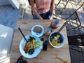 Vegetarian noodles in sanur denpasar with bread and fermented milk from soya