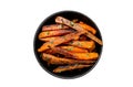 Vegetarian Oven baked sweet potato fries. Isolated, white background. Royalty Free Stock Photo