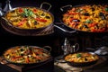 Vegetarian Paella, Spanish Traditional Food, Rice with Vegetables, Saffron, Abstract Generative AI Illustration