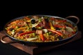 Vegetarian Paella, Spanish Traditional Food, Rice with Vegetables, Saffron, Abstract Generative AI Illustration