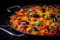 Vegetarian Paella, Spanish Traditional Food, Rice with Vegetables, Saffron, Abstract Generative AI Illustration