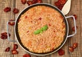 Vegetarian paella on a wooden table