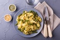 Vegetarian pappardelle pasta with green bean, pesto, pine nuts Royalty Free Stock Photo