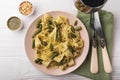 Vegetarian pappardelle pasta with green bean, pesto, pine nuts Royalty Free Stock Photo