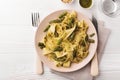 Vegetarian pappardelle pasta with green bean, pesto, pine nuts Royalty Free Stock Photo