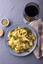 Vegetarian pappardelle pasta with green bean, pesto, pine nuts Royalty Free Stock Photo