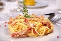 Vegetarian pasta with vegetables decorated with thyme Royalty Free Stock Photo