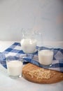 Vegetarian pine nut milk in glass cups and jug and blue linen napkin on white background. Vertikal Royalty Free Stock Photo