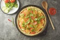 Vegetarian pizza. Cooking process of vegetable homemade pizza with fresh ingredients isolated on dark background. Copy space. Step Royalty Free Stock Photo