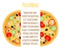 Vegetarian pizza menu, margherita with tomato, pepper, cucumber, mushroom, olive