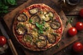 A Vegetarian Pizza on a Rustic Wooden Setting Royalty Free Stock Photo