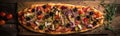 A Vegetarian Pizza on a Rustic Wooden Setting Royalty Free Stock Photo