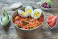 Vegetarian poke bowl, with eggs Royalty Free Stock Photo