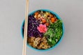 Vegetarian Poke bowl, The traditional Hawaiian food. Top view