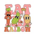 Vegetarian positive text EAT THE RAINBOW concept. Hand drawn retro cartoon vegetables friends caracters - carrot