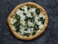 Vegetarian potato, kale, mozzarella pizza on a dark background, top view Royalty Free Stock Photo