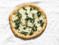 Vegetarian potato, kale, mozzarella pizza on a light background, top view Royalty Free Stock Photo