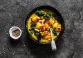 Vegetarian pumpkin, potatoes, beans and kale stew - delicious autumn lunch on a dark background, top view