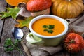 Vegetarian pumpkin soup in pan
