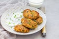 Vegetarian quinoa, carrot, coriander and green onion fritters served with yogurt on plate, copy space