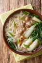 Vegetarian rice noodle soup with mushrooms and bok choy closeup in a bowl. Vertical top view Royalty Free Stock Photo