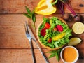 Vegetarian salad bowl in top view.