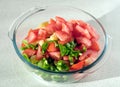 Vegetarian salad from fresh vegetables in glass closeup Royalty Free Stock Photo