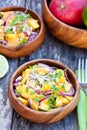 Vegetarian salad with mango oranges and red onion on the wooden Royalty Free Stock Photo