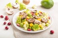 Vegetarian salad from romanesco cabbage, champignons, cranberry, avocado and pumpkin on a white wooden background. side view, Royalty Free Stock Photo