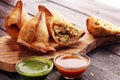 Vegetarian samsa or samosas.Indian special traditional street food punjabi samosa or Coxinha, Croquete and other Fried Brazilian