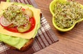 Vegetarian sandwich and bowl with alfalfa and radish sprouts