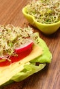 Vegetarian sandwich and bowl with alfalfa and radish sprouts