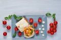 Vegetarian sandwich or lavash with fresh vegetables, sauce on the gray plate decotated with cherry tomatoes, basil leaves