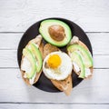 Vegetarian sandwiches with avocado and egg on a dark plate on wooden table. Flat lay. Top view. Tasty food concept