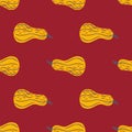 Vegetarian seamless vegie pattern with orange pumpkin shapes. Maroon background