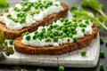 Vegetarian seeded sourdough bread open sandwich with cottage cheese and petit poit peas sprinkled with chilli flakes