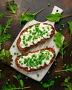 Vegetarian seeded sourdough bread open sandwich with cottage cheese and petit poit peas sprinkled with chilli flakes Royalty Free Stock Photo