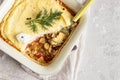 Vegetarian shepherd`s pie. Mashed potatoes, mushrooms and seasonal vegetables casserole. Autumn vegetarian lunch. Top view