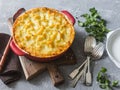 Vegetarian shepherd`s pie. Potatoes, lentils and seasonal garden vegetables casserole.