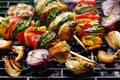Vegetarian skewers, grilled vegetable skewers of zucchini, peppers and potatoes with the addition of aromatic herbs and olive oil