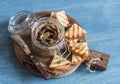 Vegetarian snack - beans and mushroom pate on wooden board