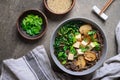 Vegetarian soup with kale mushrooms and soba noodle Royalty Free Stock Photo