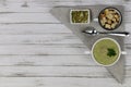 Vegetarian soup made of broccoli, potatoes, onions, garlic, sesame and olive oil, and coconut milk served in a whait ceramic bowl. Royalty Free Stock Photo