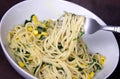 Vegetarian Spaghetti with sweetcorn and Spinach Royalty Free Stock Photo