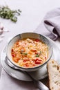 Vegetarian spicy tomato rice soup on grey concrete background Royalty Free Stock Photo