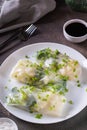 Vegetarian spring rolls with three types of cabbage in rice paper on a plate vertical view Royalty Free Stock Photo